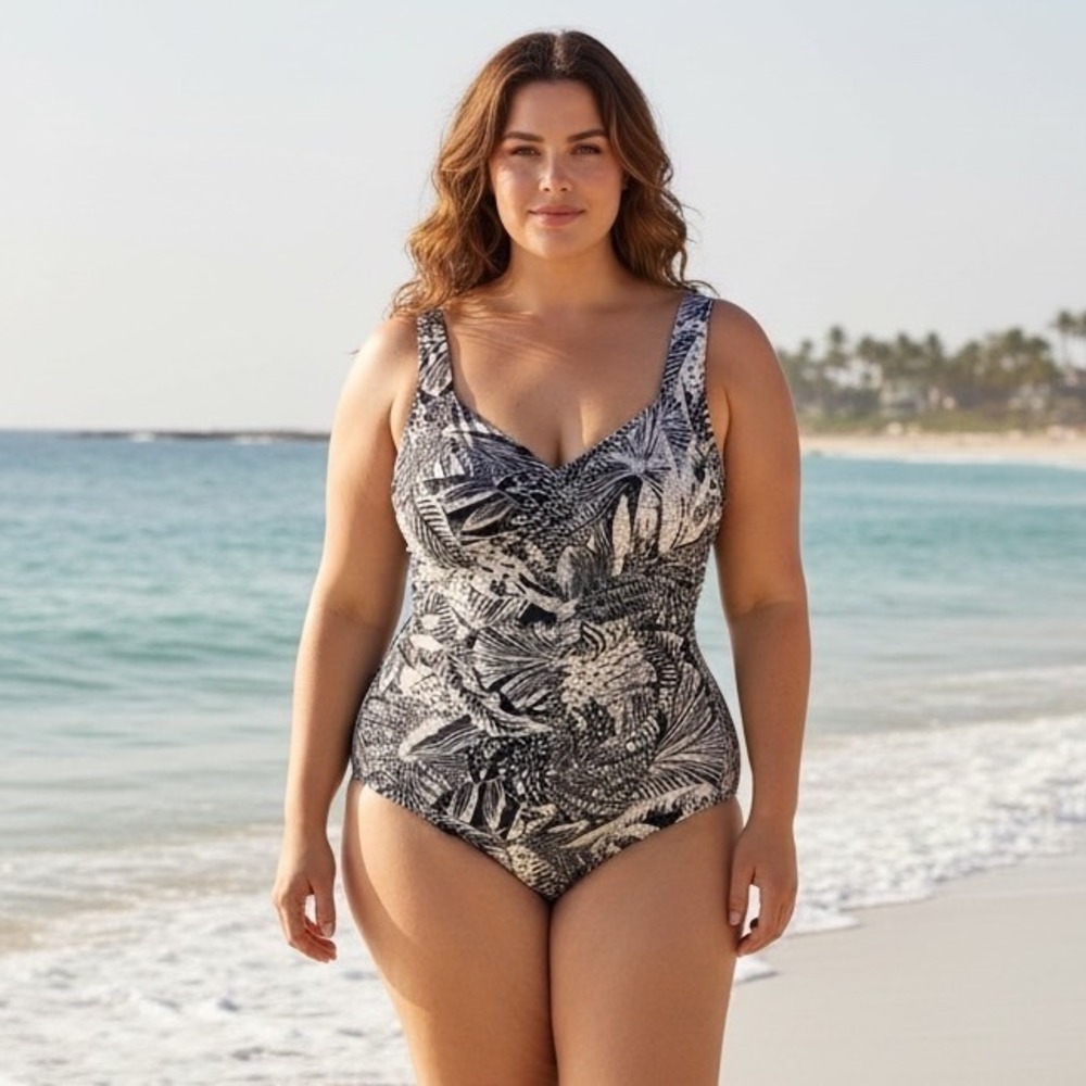 Rose Marie Reid Black White Tropical Palm Tummy Control One Piece Swimsuit 18